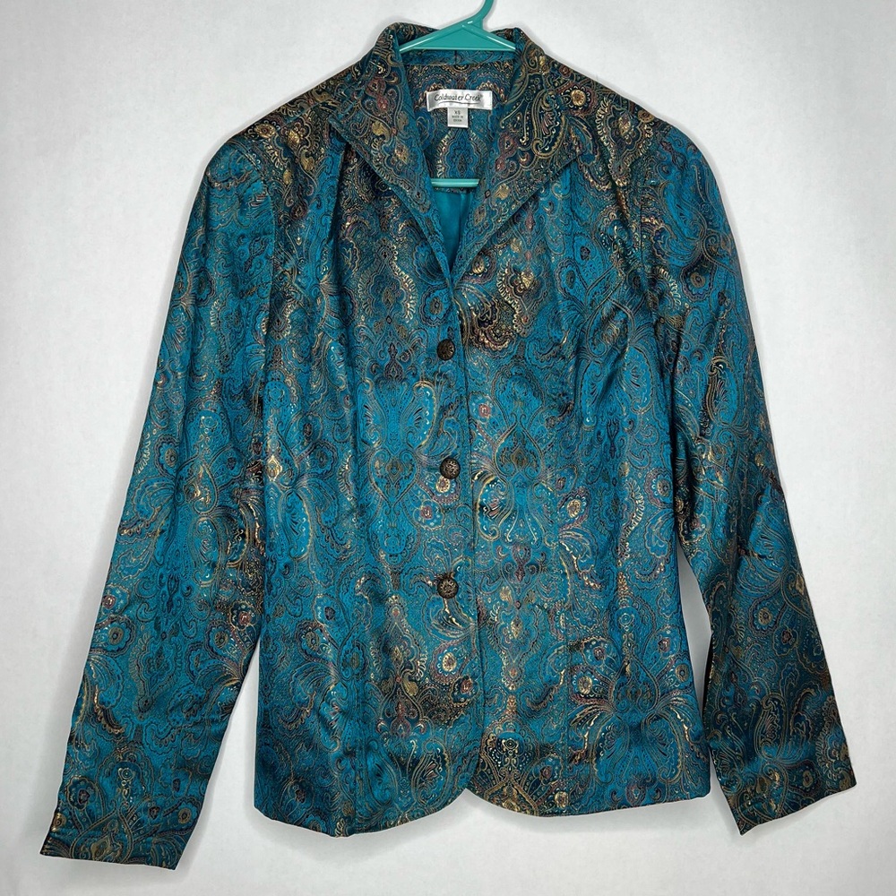 Coldwater Creek Jacket Blazer XS TEAL GOLD Fully Lined Nylon Rayon Art To‎ Wear